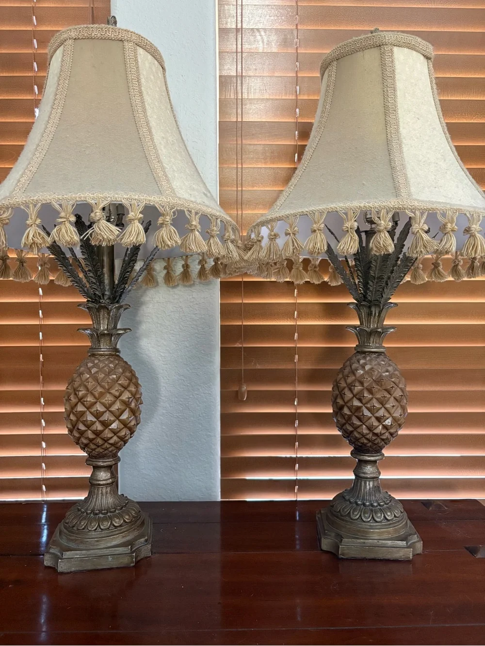 Pineapple Table Lamp Pair in Beige with Ornate Bronze Bases